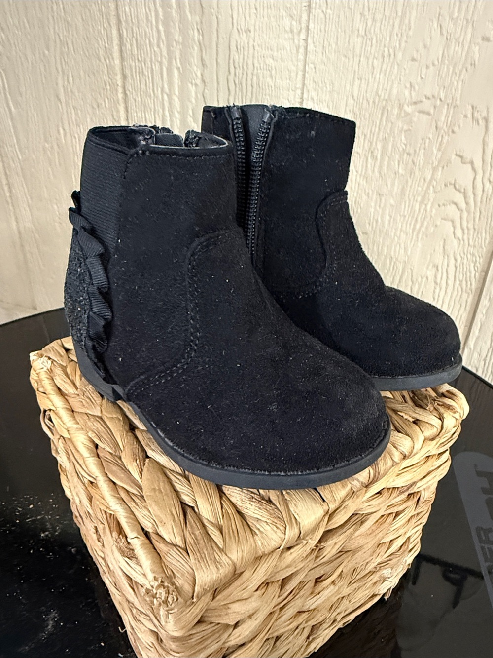 Kohl's Girls Black Suede Ankle Boots with Side Ribbon Detail